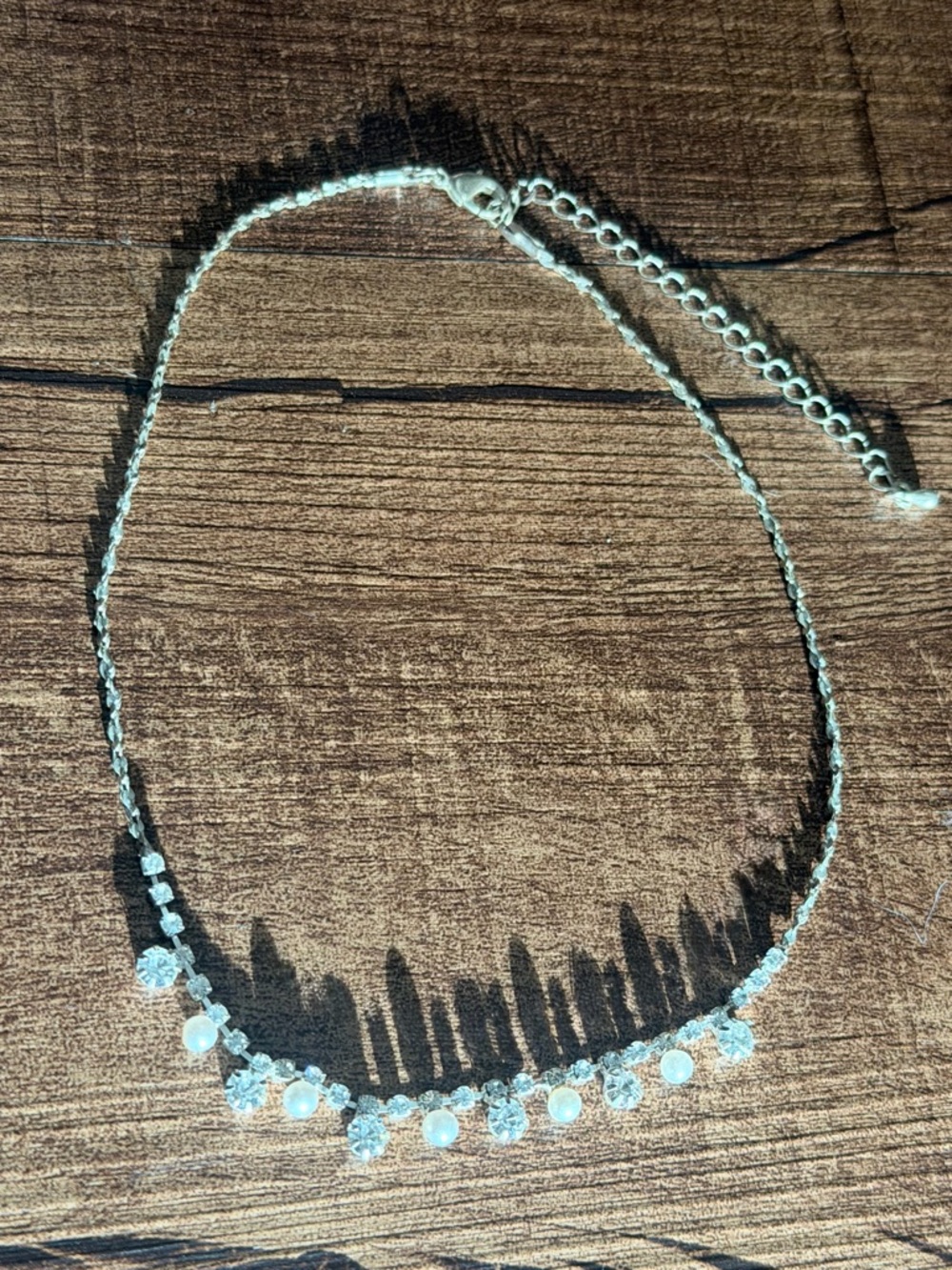 Dainty Silver Rhinestone & Pearl Choker Necklace Adjustable